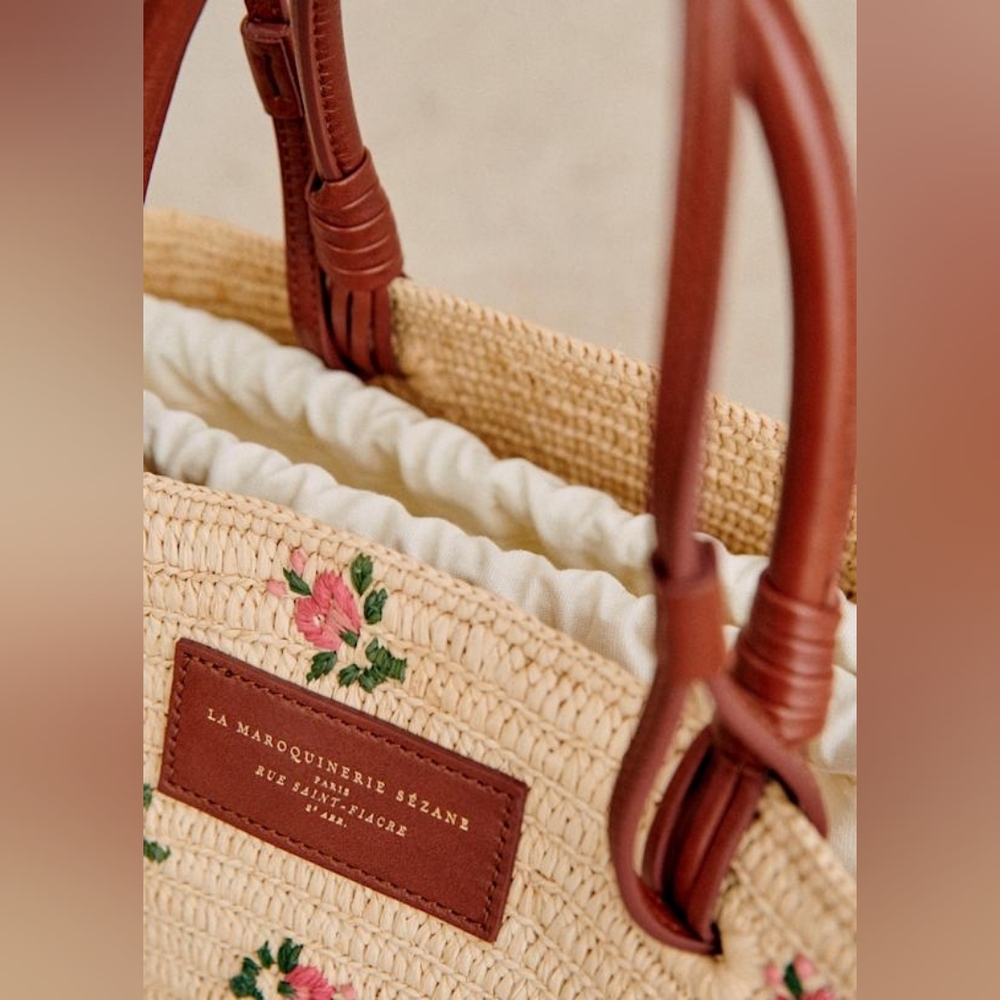 Sezane Justine Basket Bag Embroidered Pink Flowers Raffia - Picture 11 of 14